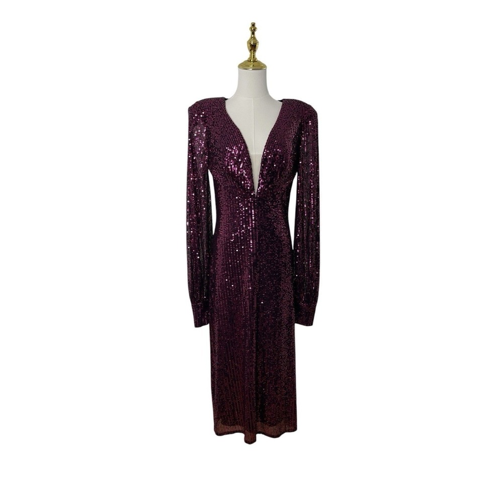 Mac Duggal 26866 Magenta Sequin Long Sleeve Plunge Midi Dress Size‎ 6 $398